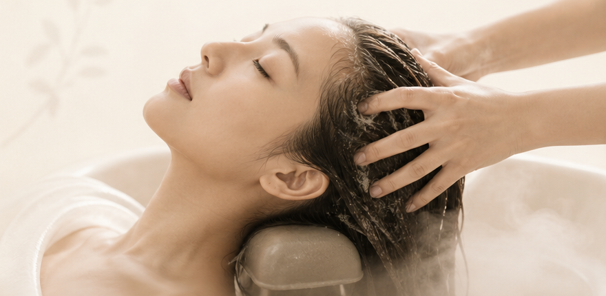 Head spa scalp massage with warm water steam