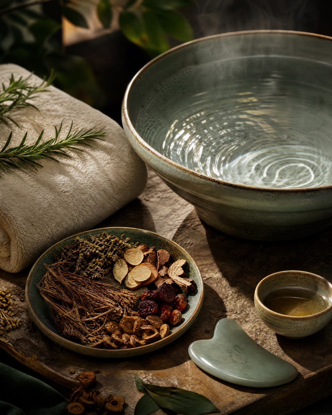 Herbal scalp cleansing tools, warm water, and gua sha stone